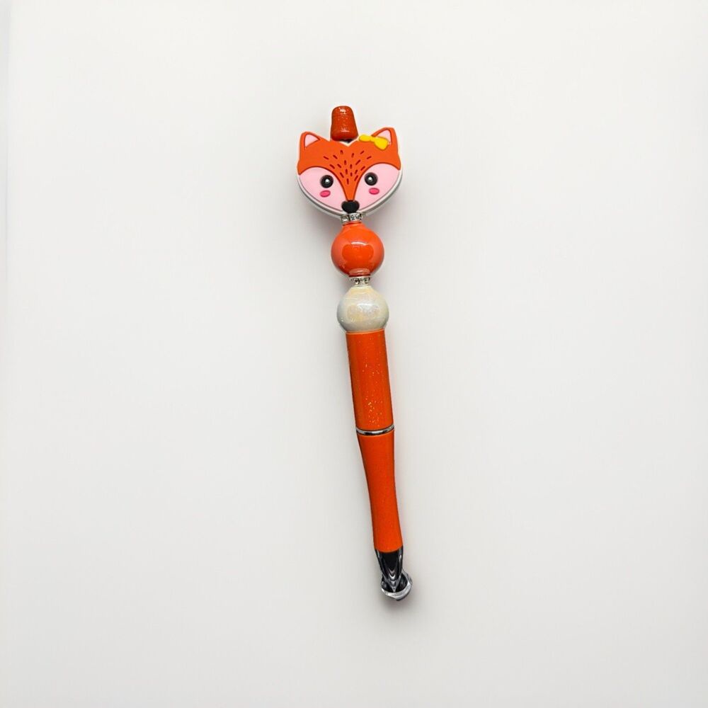 Fox Face Topper Ballpoint Pen w/ Beads, Black Ink, Plastic, Chrome Trim
